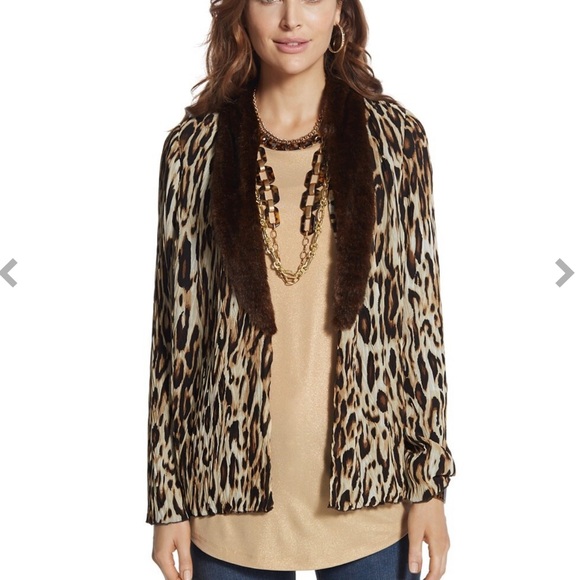 Chico’s Pleated Elegance Collar Jacket Faux Fur Animal Print sz L - Picture 1 of 8